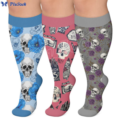Chaussettes de compression grandes tailles à imprimé têtes de mort rétro - image 0