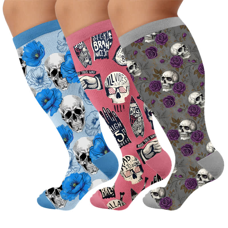Chaussettes de compression grandes tailles à imprimé têtes de mort rétro - Multicolore (3 paires) - 4XL - image 1