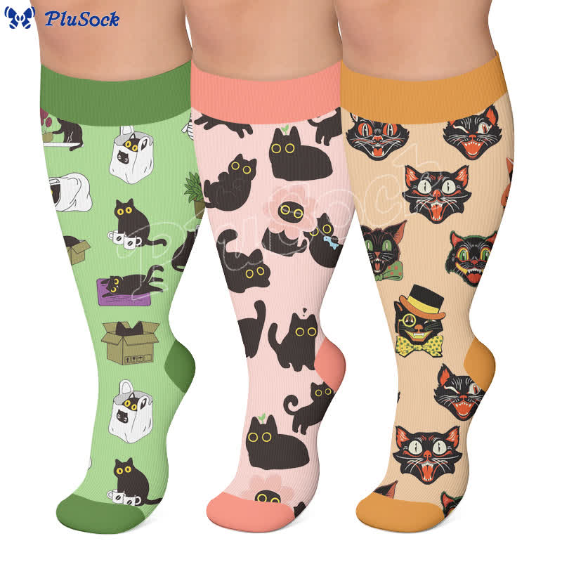 Chaussettes de compression grande taille à imprimé chat pastel - image 0