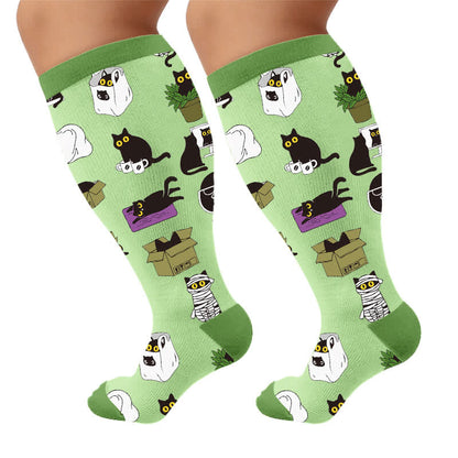 Chaussettes de compression grande taille à imprimé chat pastel - Vert (1 paire) - 4XL - image 5