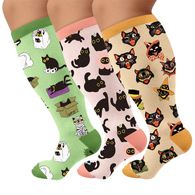 Chaussettes de compression grande taille à imprimé chat pastel - Multicolore (3 paires) - 4XL - image 1