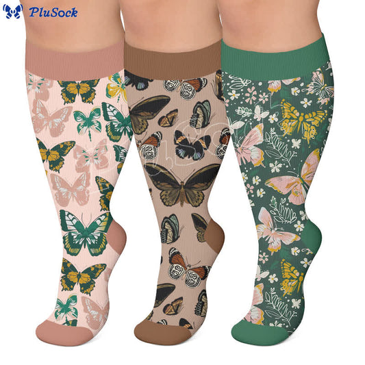 Chaussettes de compression grandes tailles à motif papillon pastel et fleurs, style chaussettes de compression - image 0