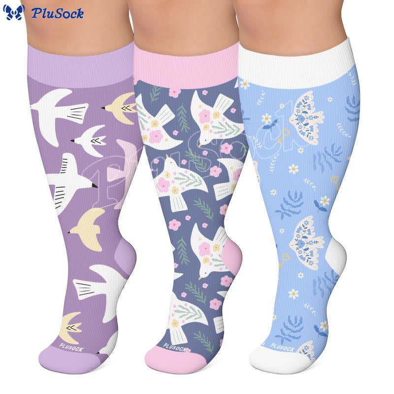 Chaussettes de compression grandes tailles à motifs d'oiseaux pastel - image 0