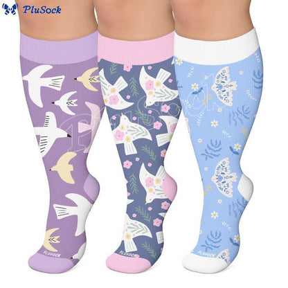 Chaussettes de compression grandes tailles à motifs d'oiseaux pastel - image 0