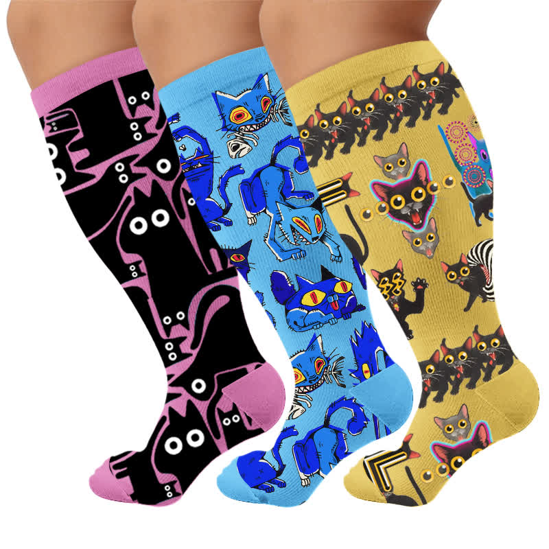 Chaussettes de compression grandes tailles à motif chat joueur - Multicolore (3 paires) - 4XL - image 1