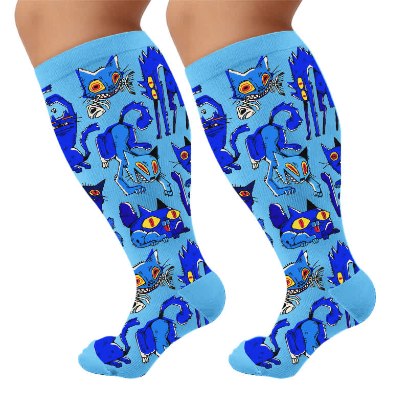 Chaussettes de compression grandes tailles à motif chat joueur - Bleu (1 paire) - 4XL - image 6