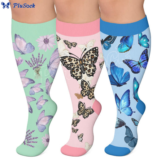 Chaussettes de compression grandes tailles à fleurs pastel et papillon - image 0