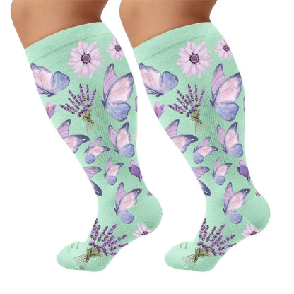 Chaussettes de compression grandes tailles à fleurs pastel et papillon - Vert - 4XL - image 5
