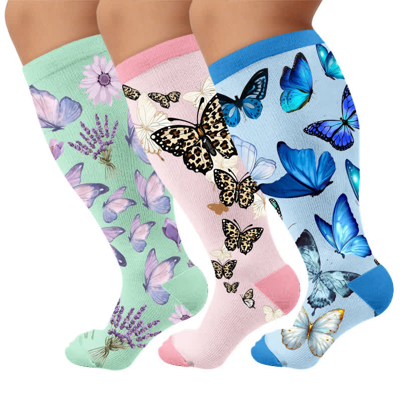 Chaussettes de compression grandes tailles à fleurs pastel et papillon - image 1