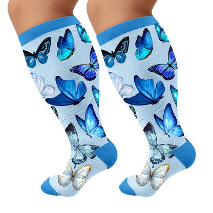 Chaussettes de compression grandes tailles à fleurs pastel et papillon - Bleu - 4XL - image 7
