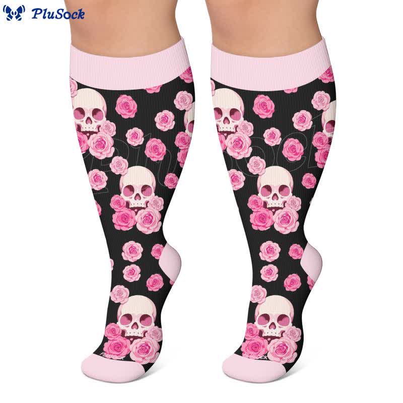 Chaussettes de compression grandes tailles à motif gothique Fuchsia et crâne - image 2