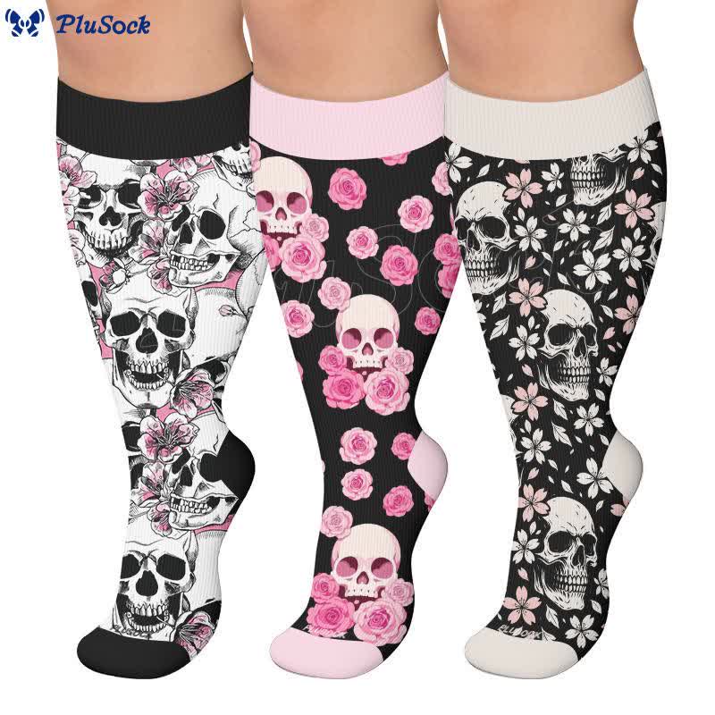Chaussettes de compression grandes tailles à motif gothique Fuchsia et crâne - image 0