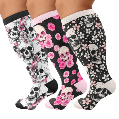 Chaussettes de compression grandes tailles à motif gothique Fuchsia et crâne - Multicolore (3 paires) - 4XL - image 1