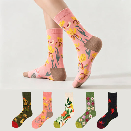 Chaussettes fleuries à blocs de couleur (5 paires) - Multicolore - EU36-43(US3-9) - image 0