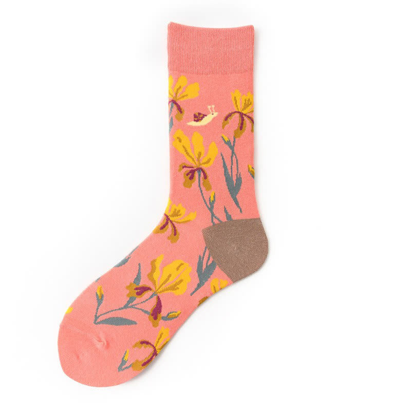 Chaussettes fleuries à blocs de couleur (5 paires) - Rose - EU36-43(US3-9) - image 1