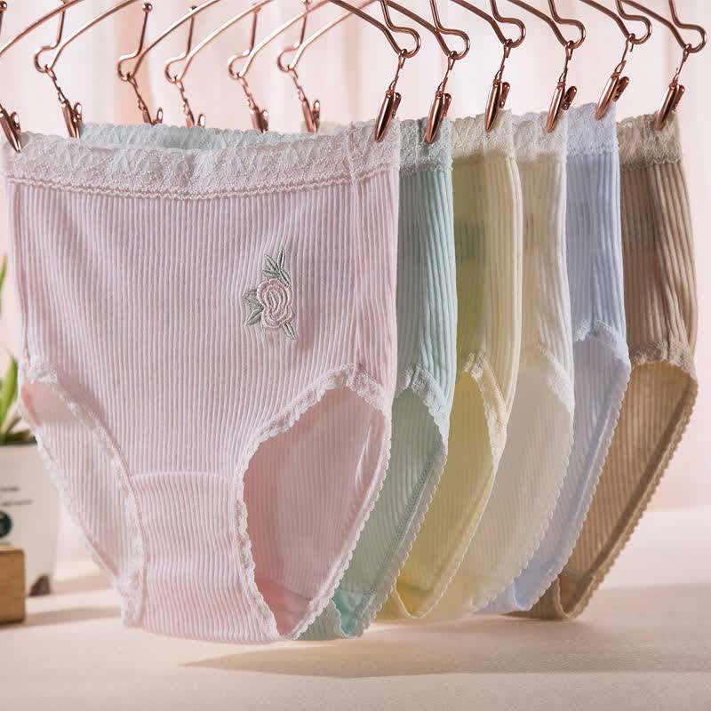 Culottes en coton taille haute à dentelle florale (lot de 3) - Bleu + Jaune + Vert - XXXL - image 3