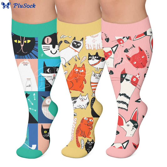Chaussettes de compression grandes tailles à motif chat abstrait fantaisiste - image 0