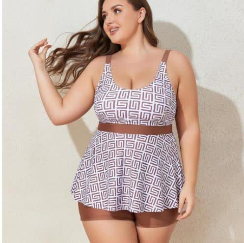 Maillot de bain deux pièces à imprimé géométrique - Beige - 4XL - image 2