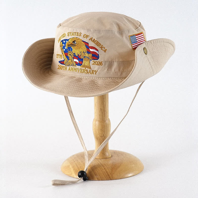 Chapeau de soleil d'extérieur brodé d'un aigle et d'un drapeau - Beige - One Size - image 1