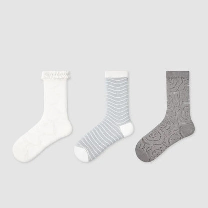 Chaussettes courtes transparentes à rayures et volants (3 paires) - Multicolore - UE35-39 (US2-6) - image 1