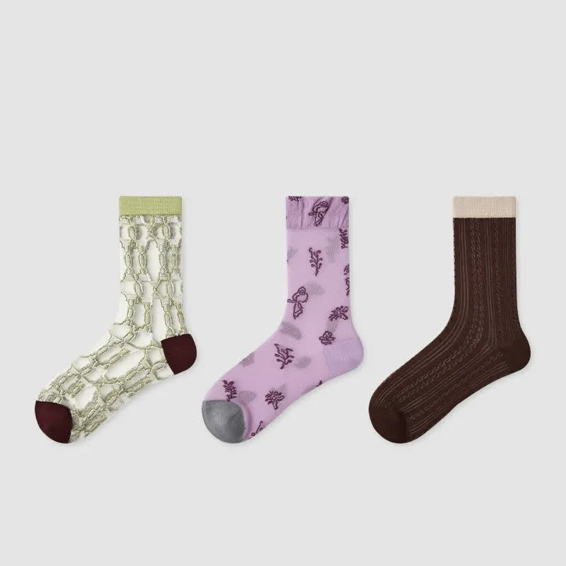 Chaussettes vintage jacquard transparentes (3 paires) - Multicolore - UE35-39 (US2-6) - image 1