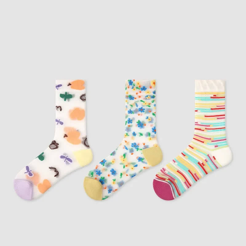 Chaussettes courtes transparentes à motifs ludiques (3 paires) - Multicolore - UE35-39 (US2-6) - image 1