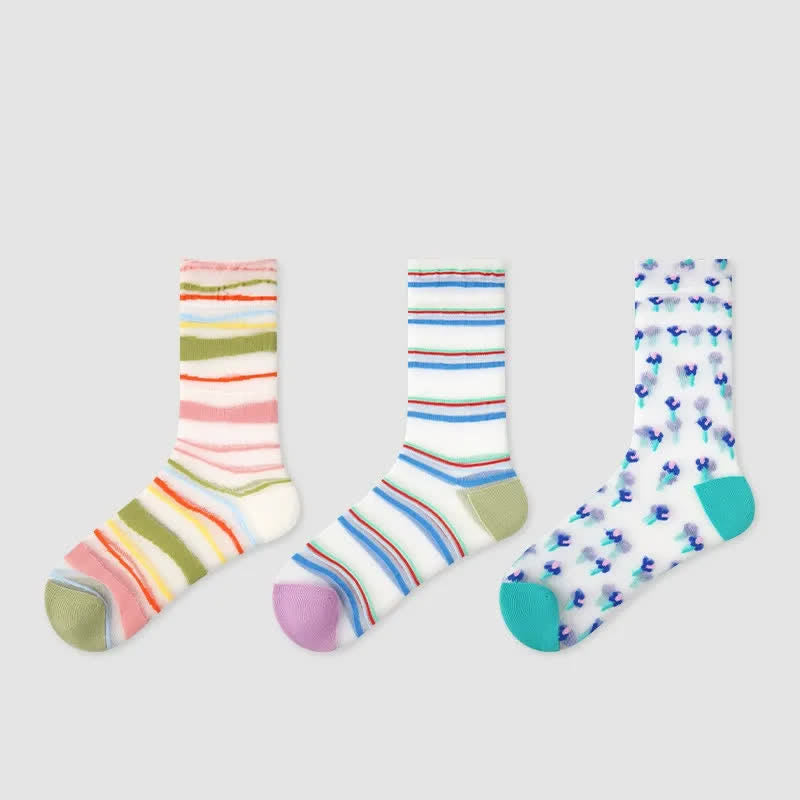 Chaussettes courtes transparentes à rayures peignées et colorblock (3 paires) - Multicolore - UE35-39 (US2-6) - image 1