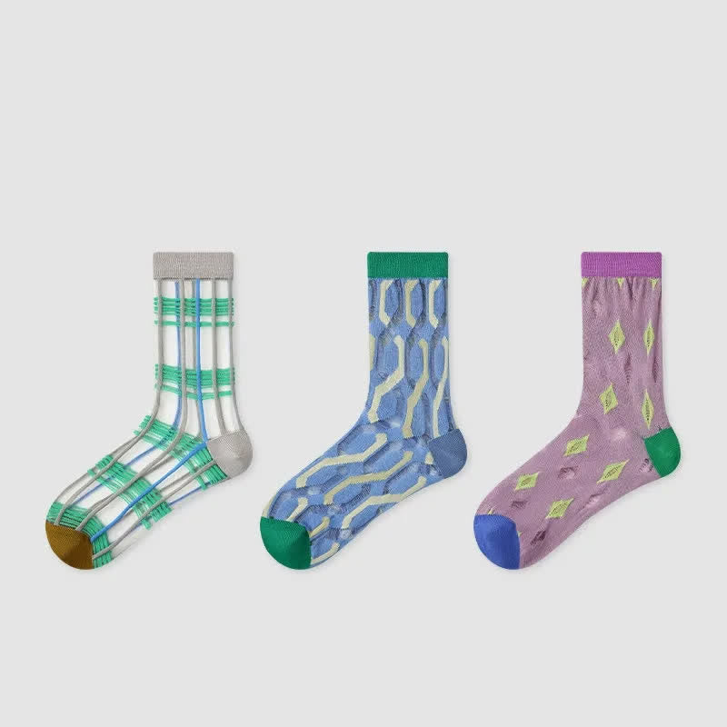 Chaussettes courtes transparentes à blocs de couleur losanges (3 paires) - Multicolore - UE35-39 (US2-6) - image 1