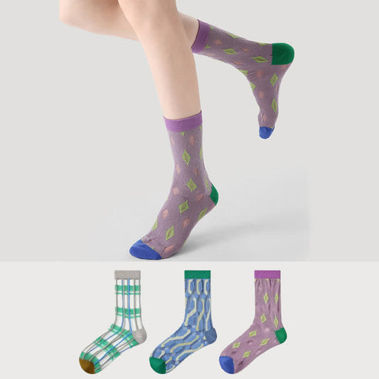 Chaussettes courtes transparentes à blocs de couleur losanges (3 paires) - image 0
