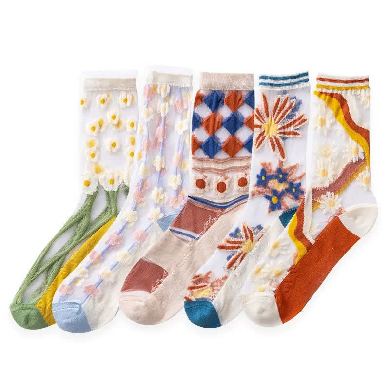 Chaussettes courtes transparentes en dentelle à motif marguerite (5 paires) - Multicolore - 40(US2-7) - image 3