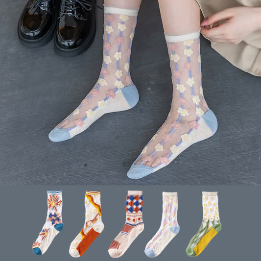 Chaussettes courtes transparentes en dentelle à motif marguerite (5 paires) - image 0