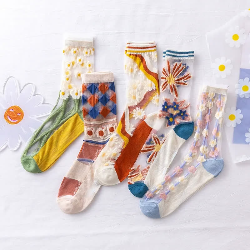 Chaussettes courtes transparentes en dentelle à motif marguerite (5 paires) - image 5