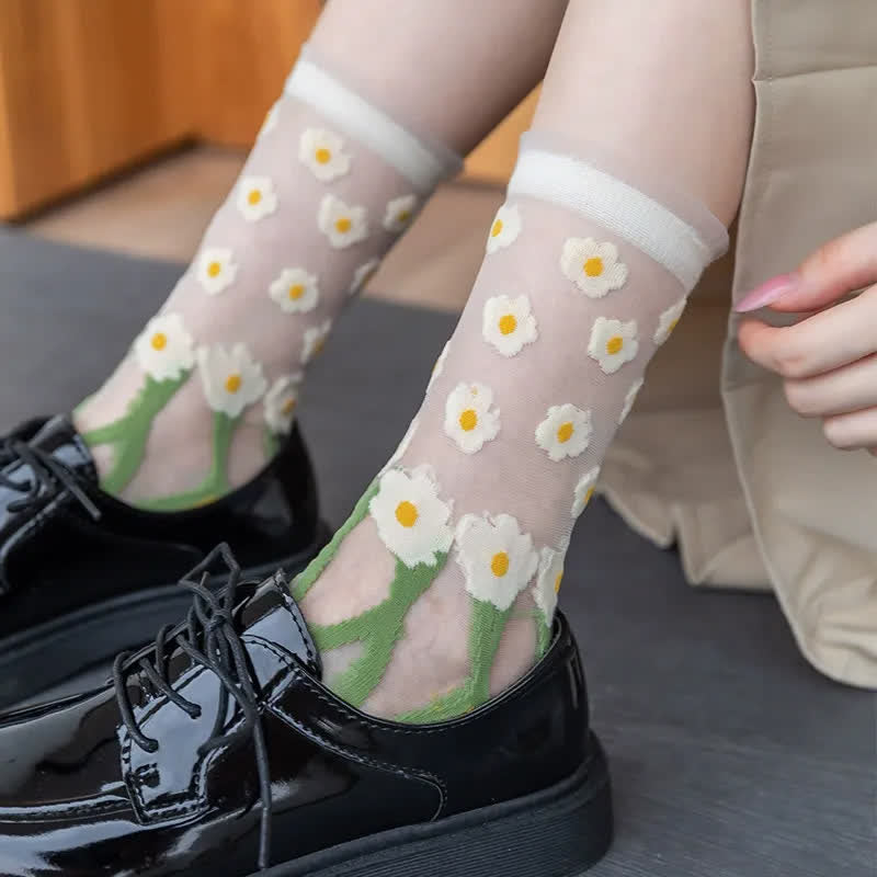 Chaussettes courtes transparentes en dentelle à motif marguerite (5 paires) - image 1