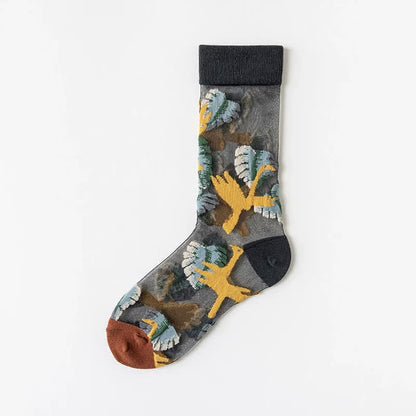 Chaussettes courtes transparentes à fleurs et oiseaux vintage (4 paires) - Noir - EU35-41 (US2-7,5) - image 13