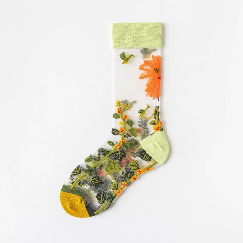 Chaussettes courtes transparentes à fleurs et oiseaux vintage (4 paires) - Vert clair - EU35-41 (US2-7,5) - image 7