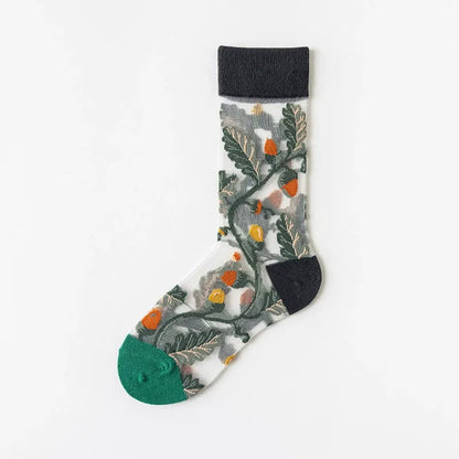 Chaussettes courtes transparentes à fleurs et oiseaux vintage (4 paires) - Vert foncé - EU35-41 (US2-7,5) - image 12
