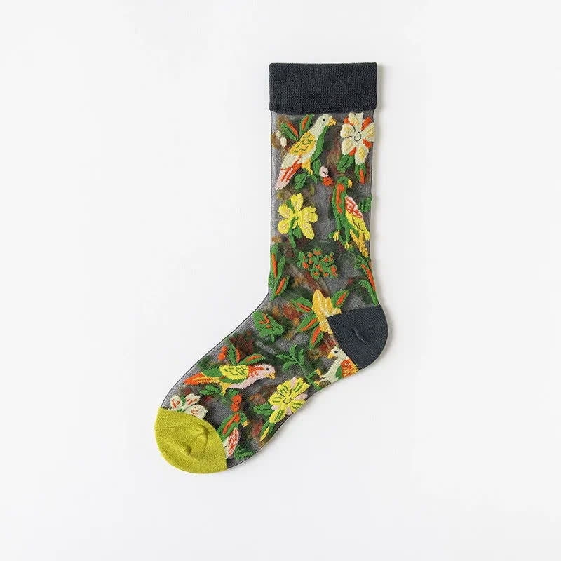Chaussettes courtes transparentes à fleurs et oiseaux vintage (4 paires) - Vert armée - EU35-41 (US2-7,5) - image 10