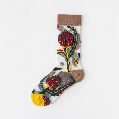 Chaussettes courtes transparentes à fleurs et oiseaux vintage (4 paires) - Brun - EU35-41 (US2-7,5) - image 8
