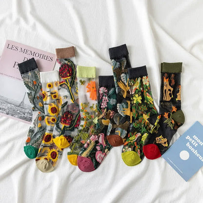 Chaussettes courtes transparentes à fleurs et oiseaux vintage (4 paires) - image 6