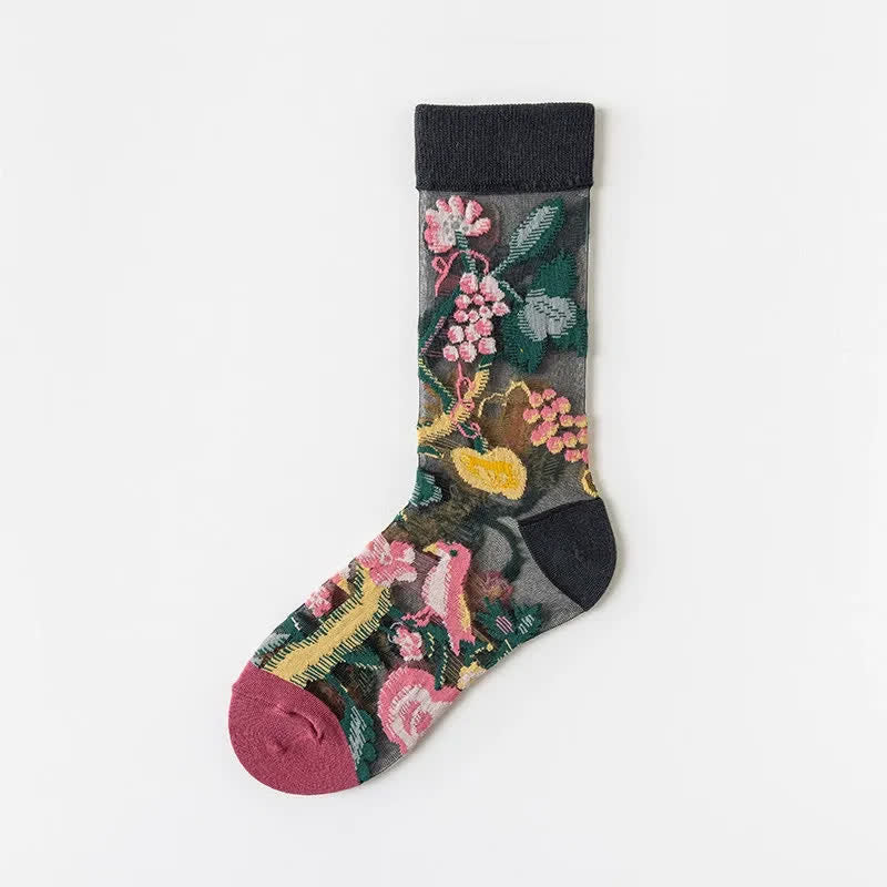 Chaussettes courtes transparentes à fleurs et oiseaux vintage (4 paires) - Fuchsia - EU35-41 (US2-7,5) - image 11