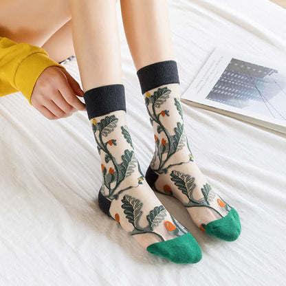 Chaussettes courtes transparentes à fleurs et oiseaux vintage (4 paires) - image 1