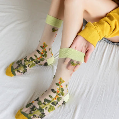 Chaussettes courtes transparentes à fleurs et oiseaux vintage (4 paires) - image 5