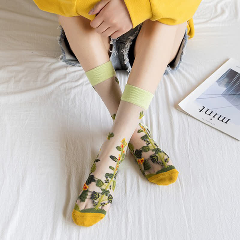 Chaussettes courtes transparentes à fleurs et oiseaux vintage (4 paires) - image 3