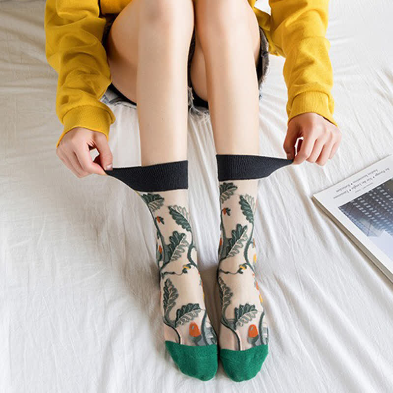 Chaussettes courtes transparentes à fleurs et oiseaux vintage (4 paires) - image 4
