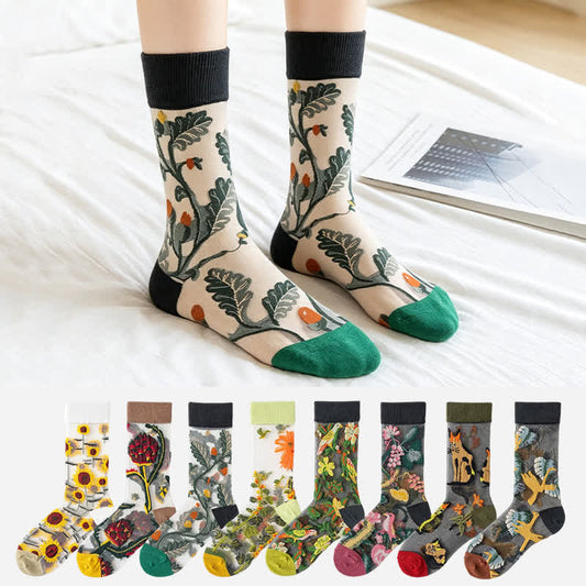 Chaussettes courtes transparentes à fleurs et oiseaux vintage (4 paires) - image 0