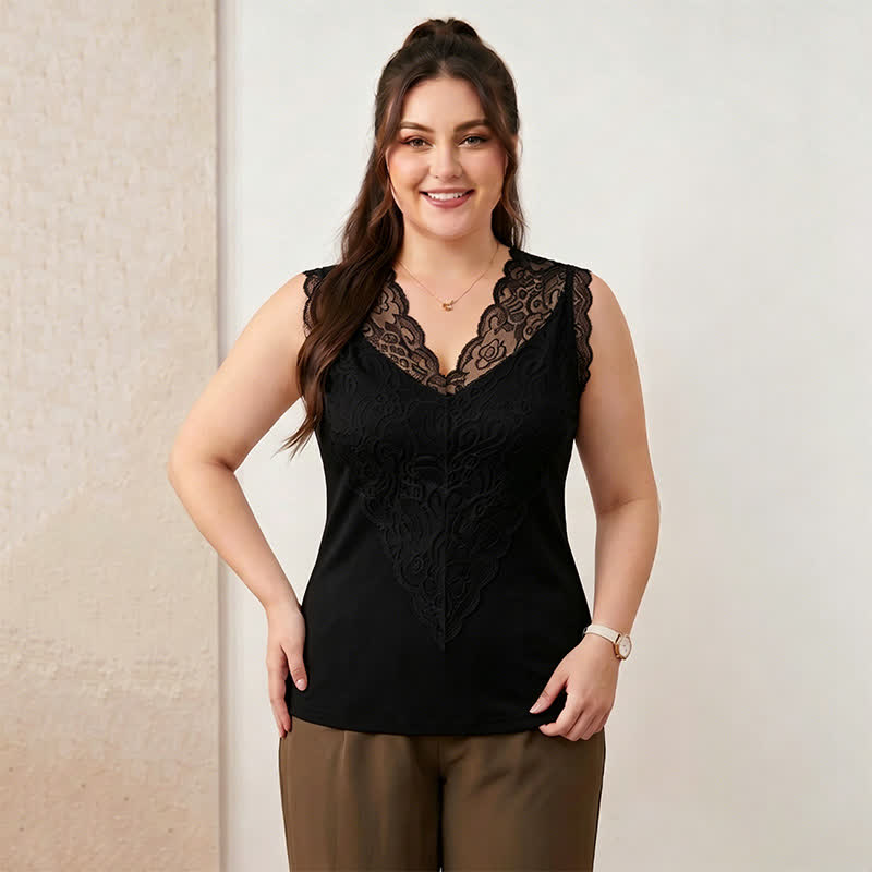 Débardeur grande taille en dentelle à col V - Noir - 4XL - image 1