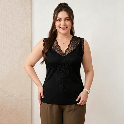 Débardeur grande taille en dentelle à col V - Noir - 4XL - image 1