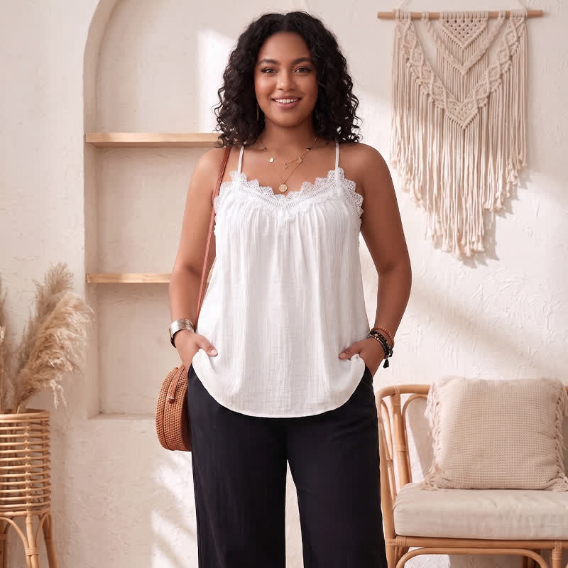 Débardeur fluide à bordure en dentelle grande taille - Blanc - 3XL - image 4