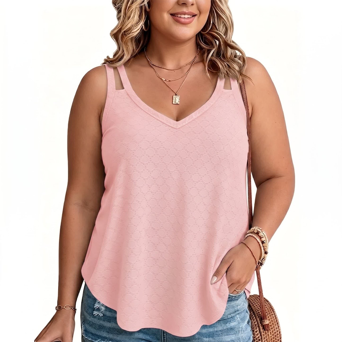 Débardeur texturé à col en V grande taille - Rose - 5XL - image 9