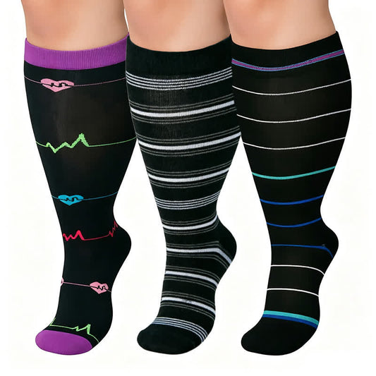 Chaussettes de compression à rayures en bambou grande taille, motif battement de cœur - image 0